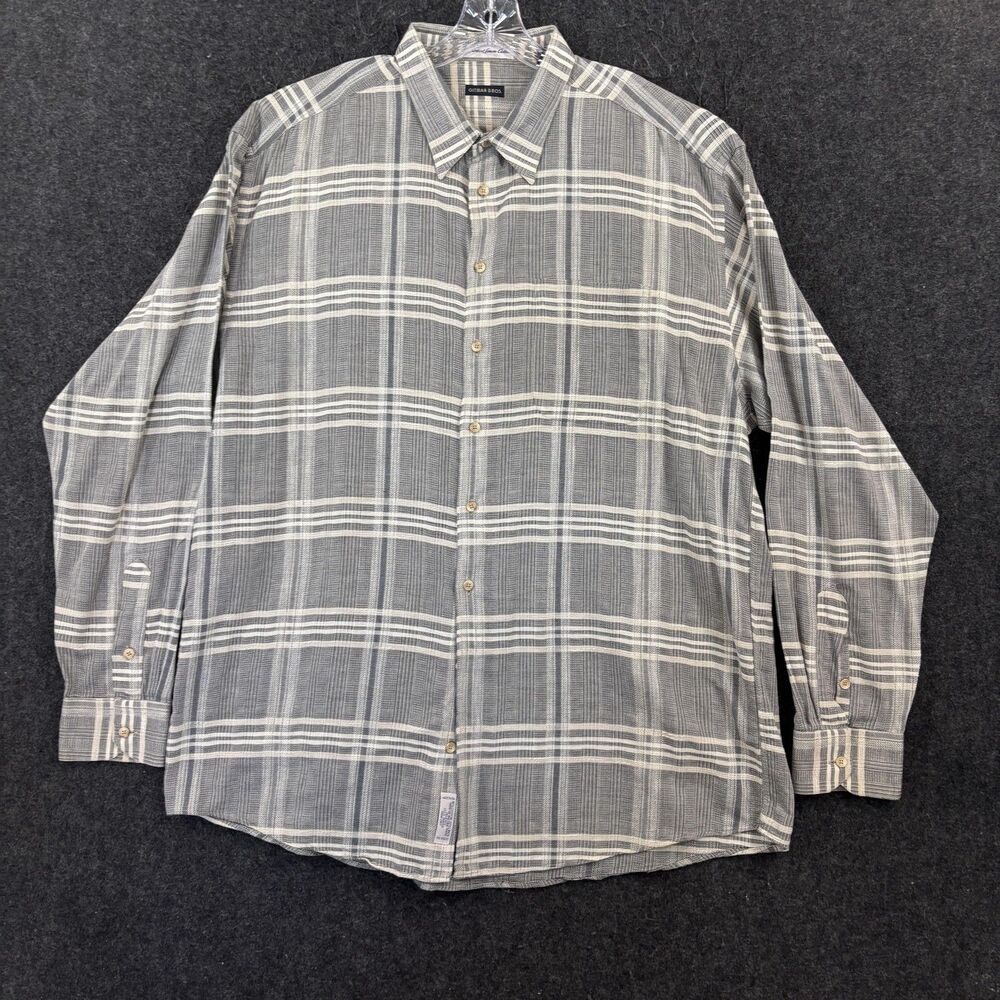 Gitman Bros Shirt Men's Big 2XLT Gray Plaid Linen Cotton Button Up Made In USA
